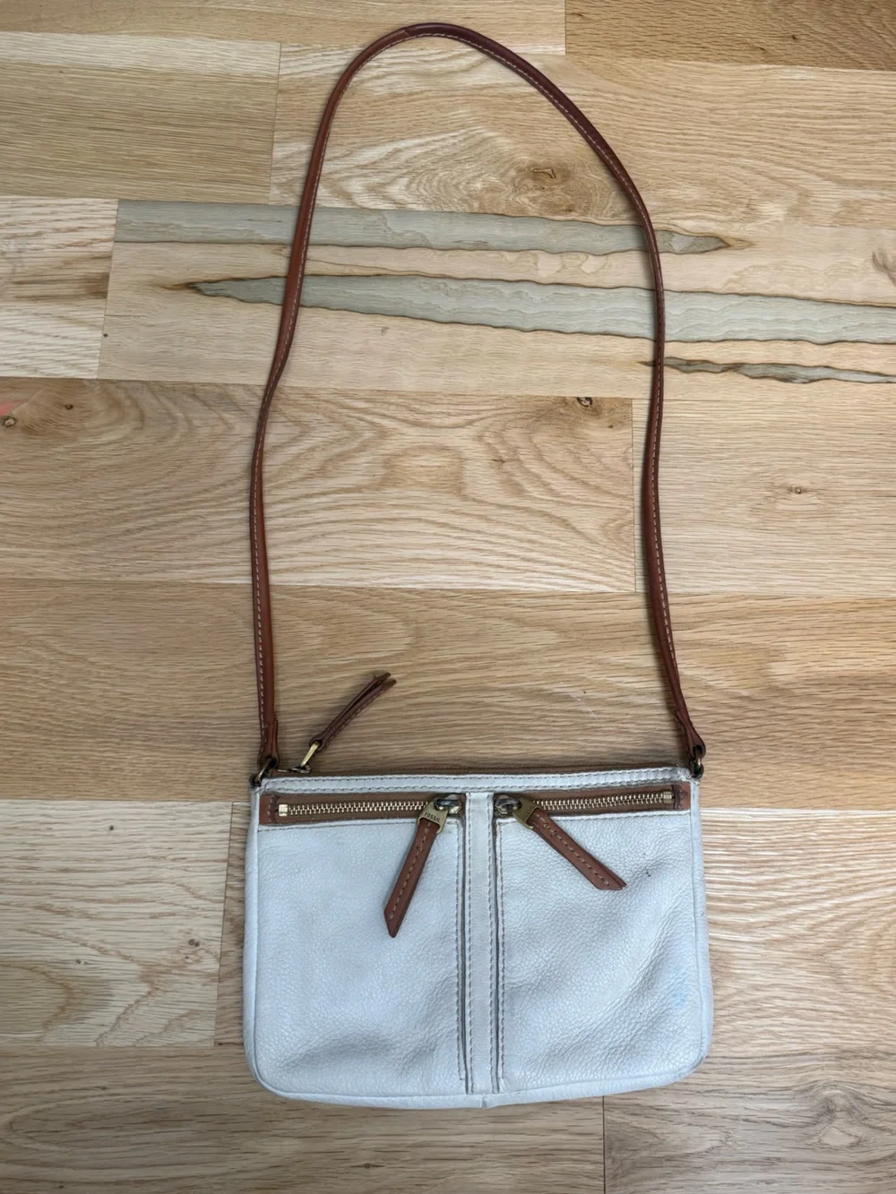 Fossil White Leather Crossbody with Brown Strap